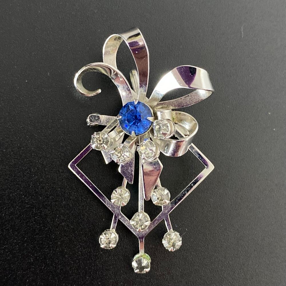 Vintage 1940s Retro Silver Tone Sapphire Blue Rhinestone Brooch Pendant 2-in-1
